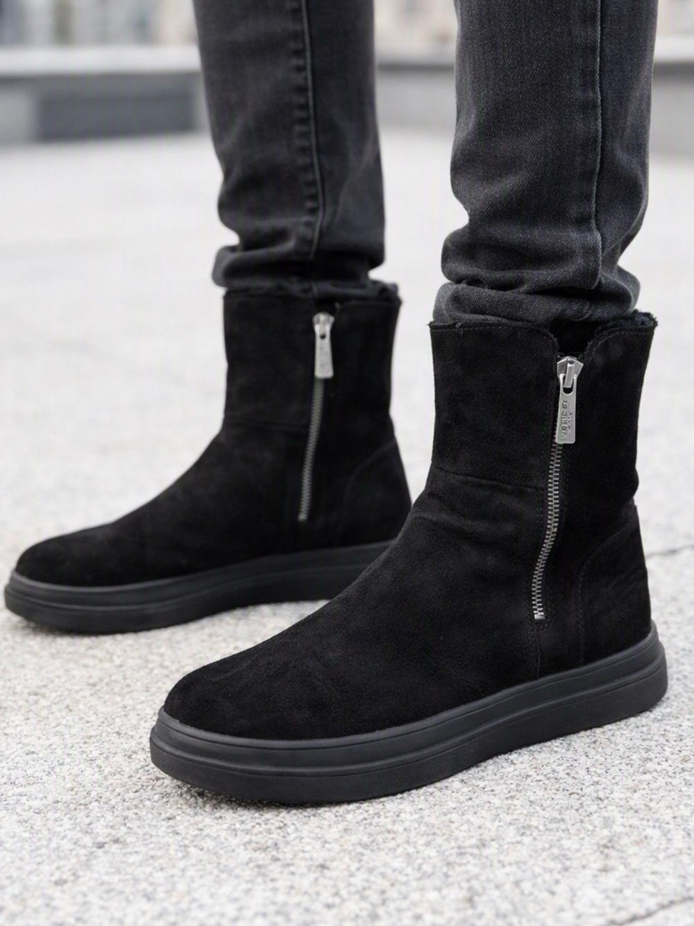 J/SLIDES NYC Black Suede Zip Boots 10 Fur Lined Comfy Minimalist Urban Utility